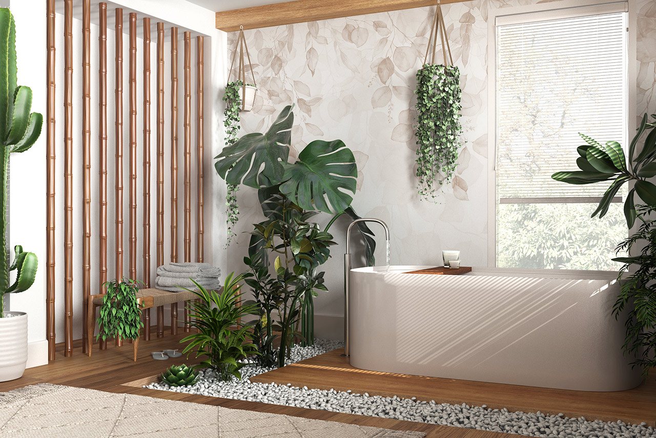 Modern wooden bathroom in white and beige tones with freestanding bathtub and bamboo wall.